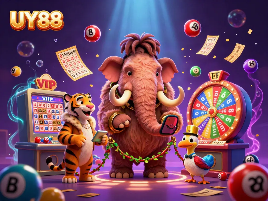 Experience the vibrant excitement of UY88 casino with dynamic characters and lottery elements!