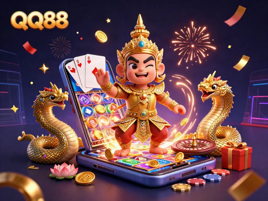 Experience exciting slots action with QQ88, featuring vibrant characters amidst a dynamic casino scene.