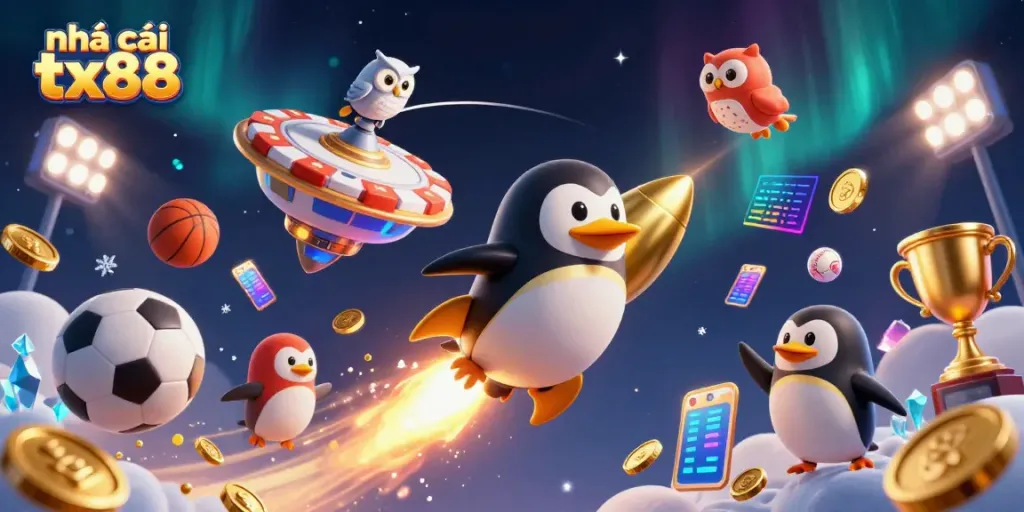 Engage with nhà cái tx88 in this vibrant 3D illustration showcasing a golden penguin in a dynamic casino scene.