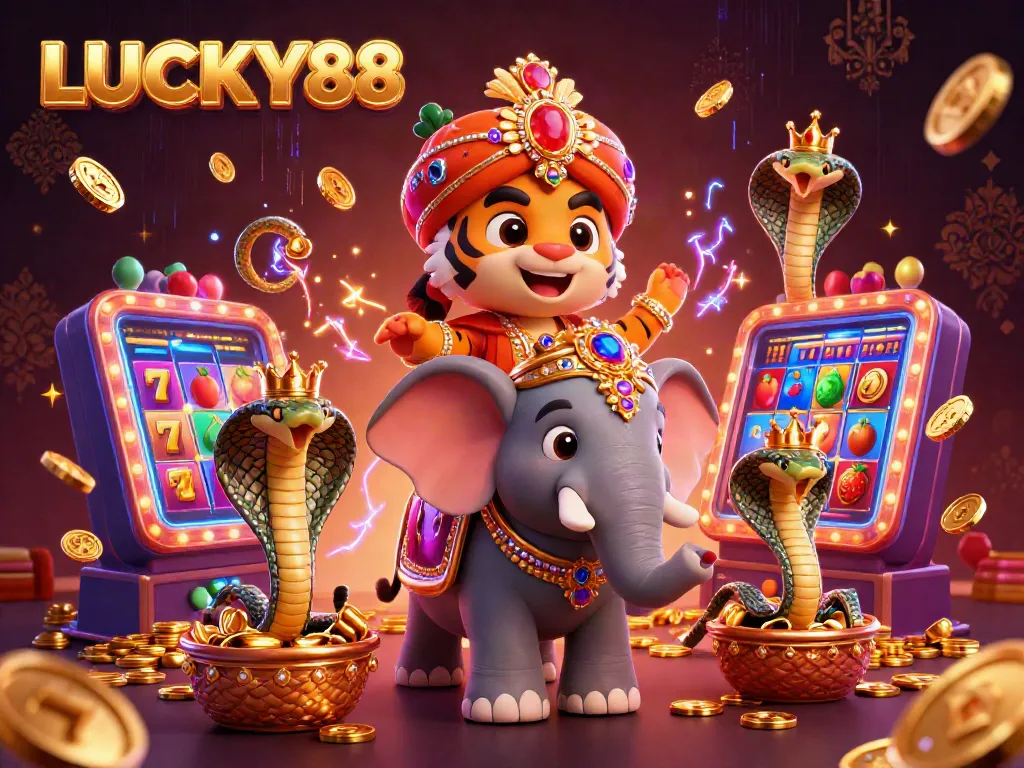 Engage in thrilling gameplay at LUCKY88, featuring vibrant slot machines and opulent casino imagery.