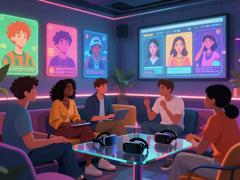 Engaging lounge scene featuring nsfw ai art discussions among friends with tech elements.