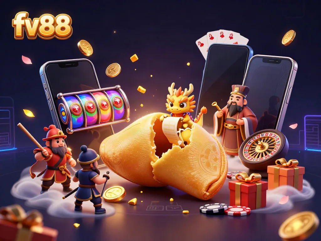 Experience thrilling gameplay and jackpots with fv88 in a dynamic casino scene featuring a golden fortune cookie and game elements.