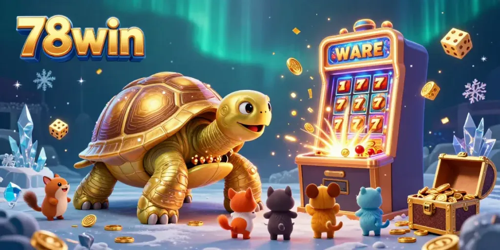 Engage with the vibrant world of 78win's gaming featuring a colossal tortoise pinball machine and exciting slot elements.