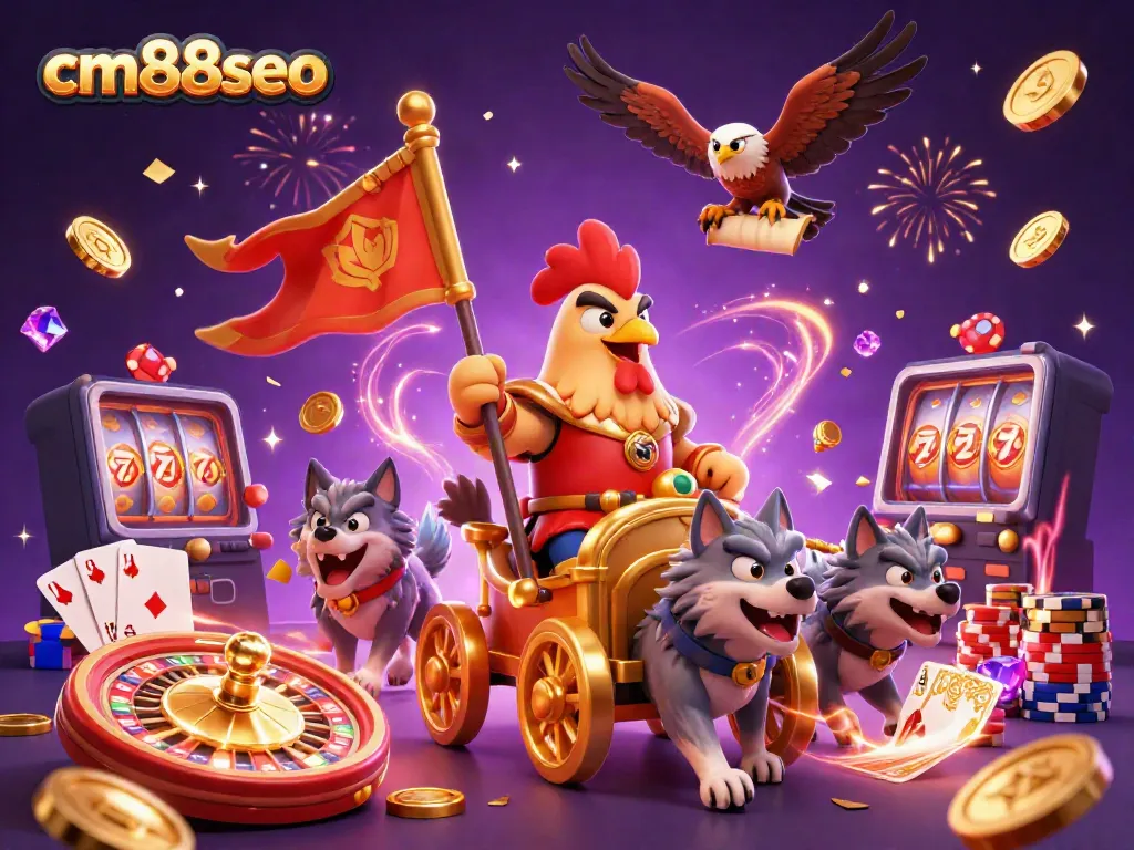 Experience excitement at cm88seo with a dynamic scene of vibrant casino action featuring a rooster warlord.