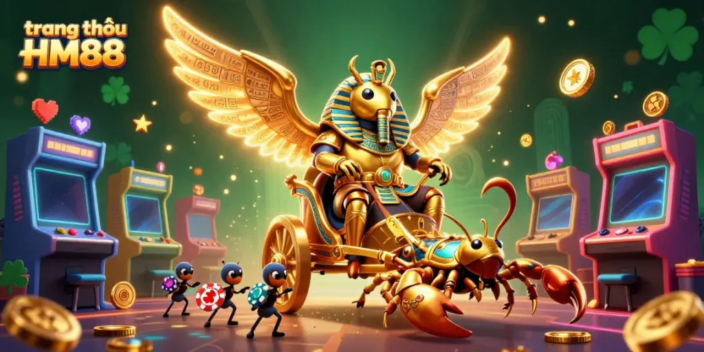 Engage with the vibrant casino scene at trang chủ HM88 featuring golden scarab beetle and scorpion chariot.