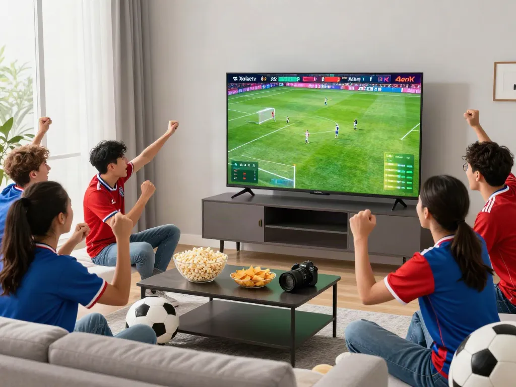 Fans enjoying a live soccer match on Xoilactv in a lively home setting.