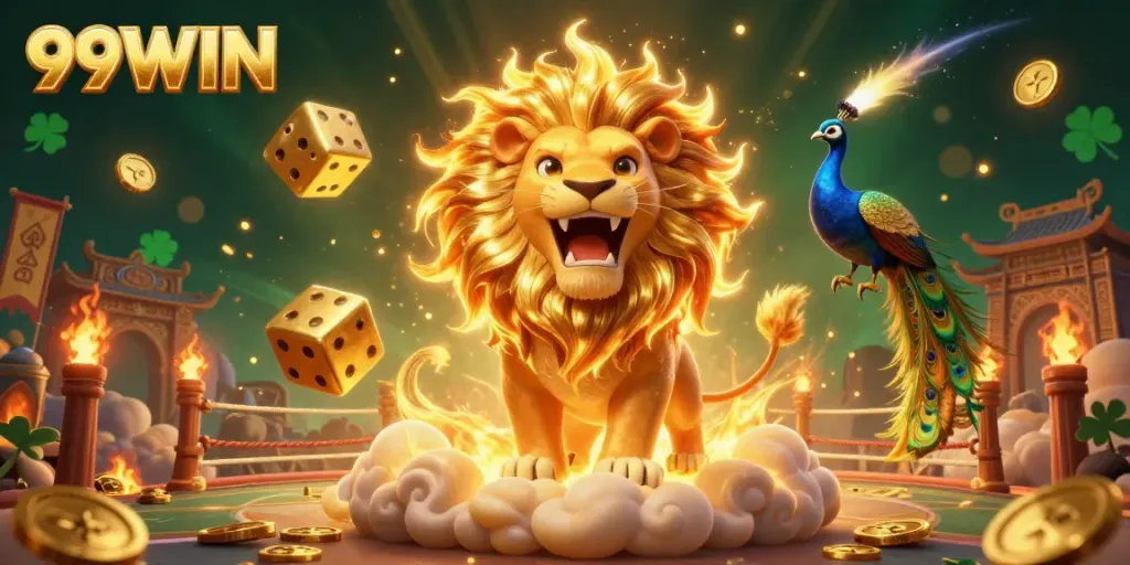 Experience thrilling wins at 99WIN with a vibrant scene of the sun lion and golden dice in a dynamic casino setting.