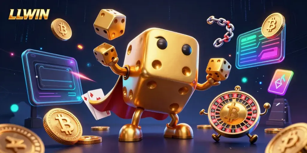 LLWIN showcases dynamic 3D cartoon characters featuring a golden dice golem, vibrant crypto elements, and immersive casino atmosphere.