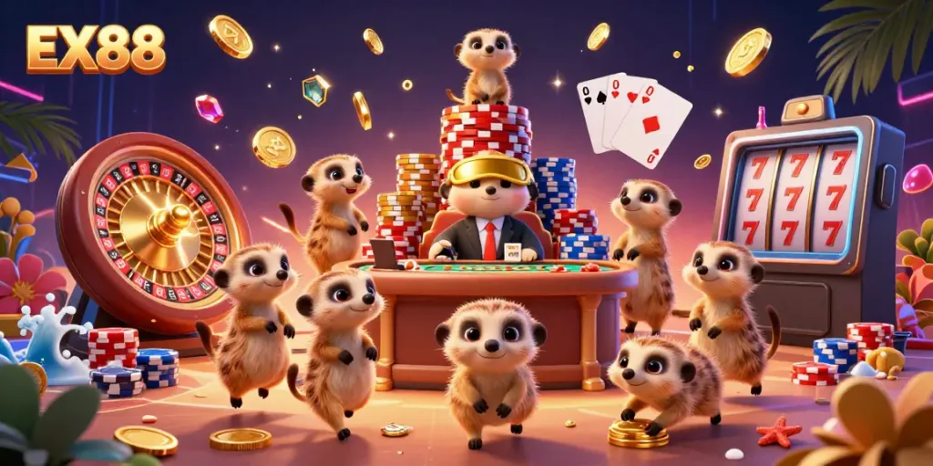Experience the dynamic casino atmosphere at EX88 with meerkats managing games.