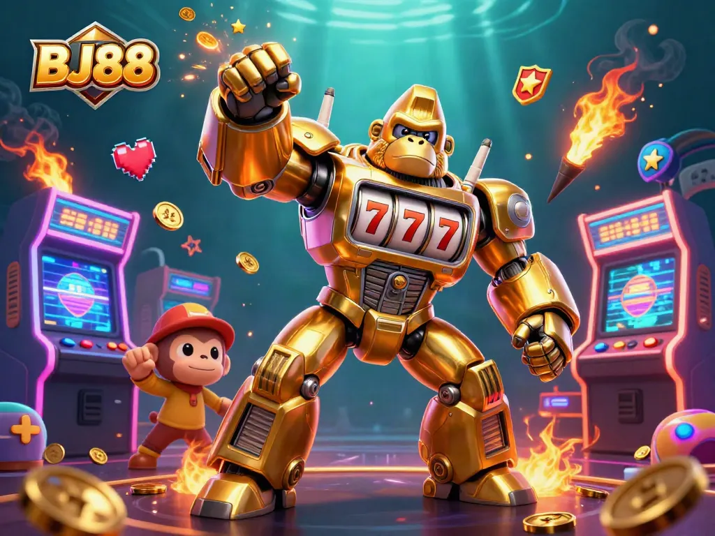 BJ88 engages players with an exciting golden gorilla mech bursting with coins, showcasing thrilling casino elements.