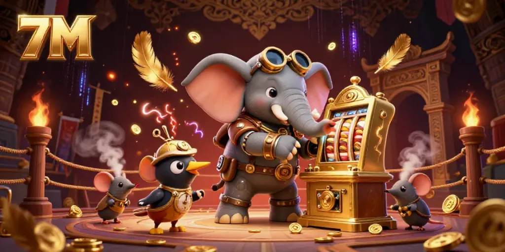 Engage with 7M's exciting gaming scene featuring a steampunk elephant and golden slot machine.