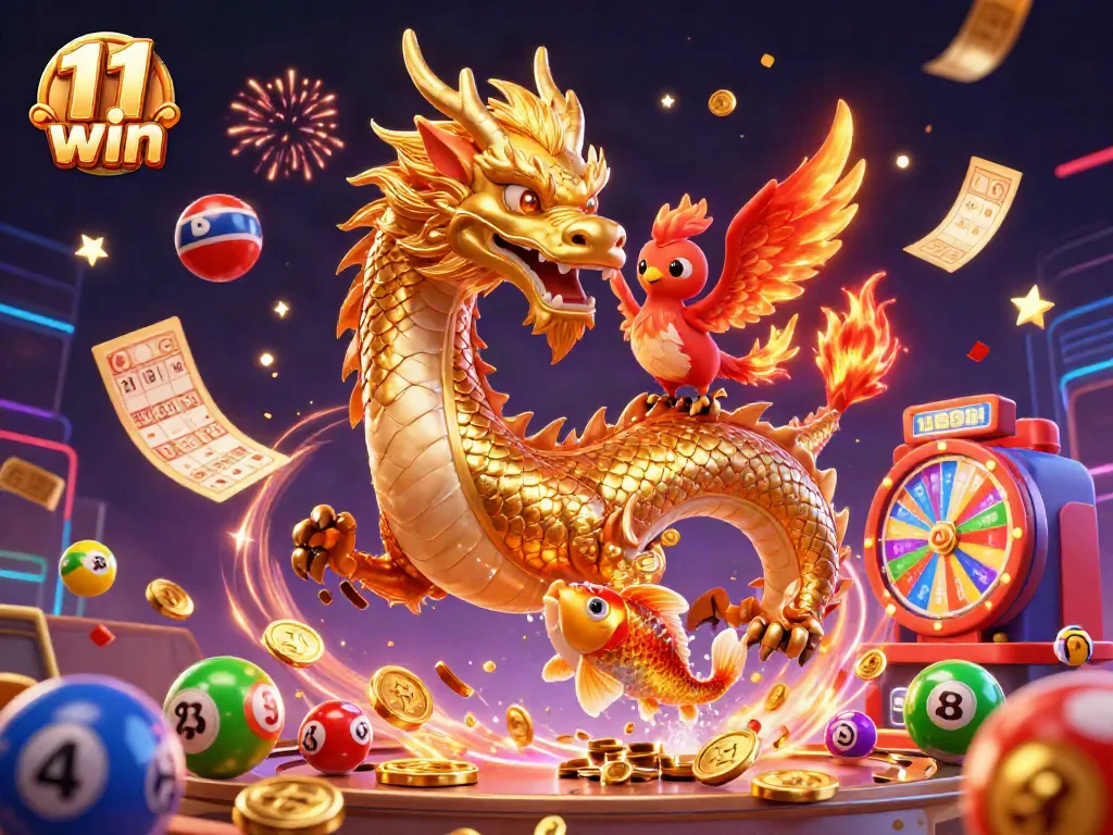 Play thrilling games at 11 win with vibrant golden prizes, lively dragons, and winning lottery actions.