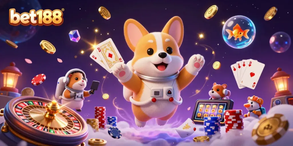 Experience captivating gaming with bet188's astronaut corgi in a floating casino, bringing slots and roulette to life.