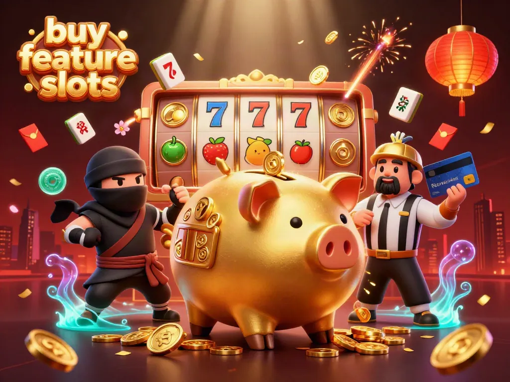 Engage with buy feature slots as characters interact in a dynamic casino scene.