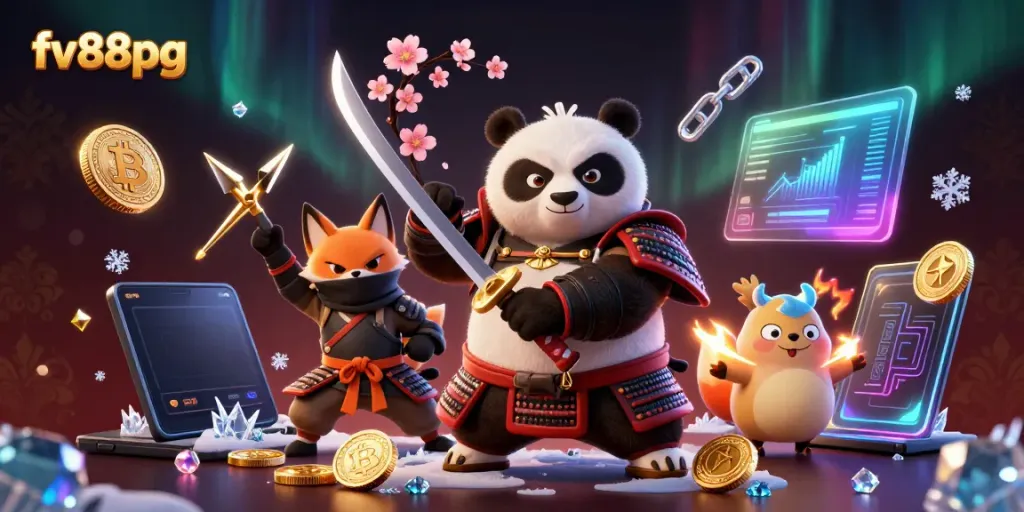 Engage in thrilling gaming at fv88pg, featuring a vibrant scene with animated samurai panda and ninja fox.