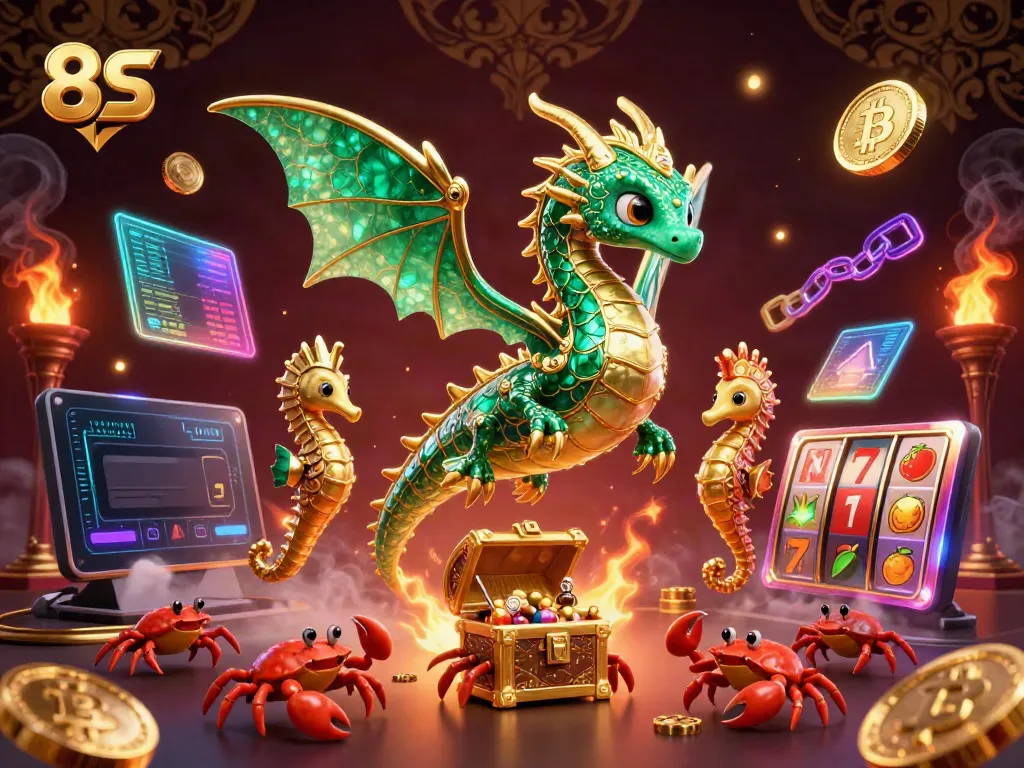 Engage with the thrilling casino scene featuring the 8S sea dragon, vibrant slot elements, and crypto coins.