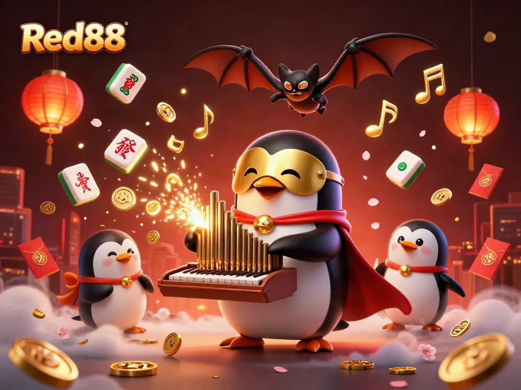 Experience thrilling gameplay at Red88 with a vibrant casino atmosphere featuring a phantom penguin and golden notes.