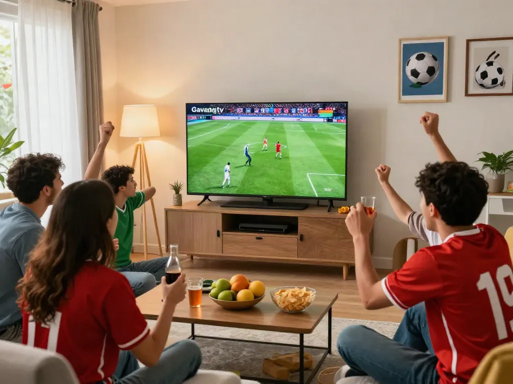 People enjoying a live Gavangtv football match in a cozy setting with snacks and drinks.