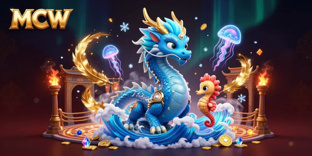 Engage in thrilling gameplay at MCW with a fantasy scene featuring a dragon, knight, and jellyfish in a vibrant casino setting.