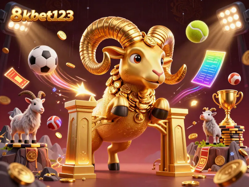 8xbet123 showcases a charging golden ram with coins and sports elements in a high-energy casino scene.