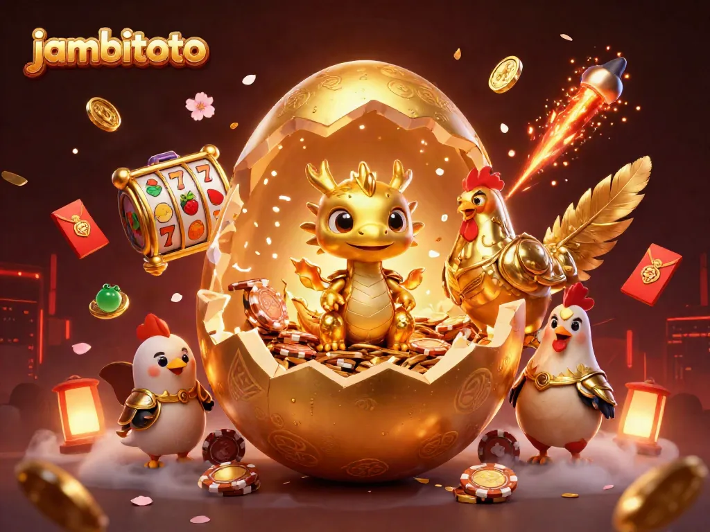 Experience the thrill of jambitoto with a vibrant scene of a golden dragon amidst slot reels and poker chips.