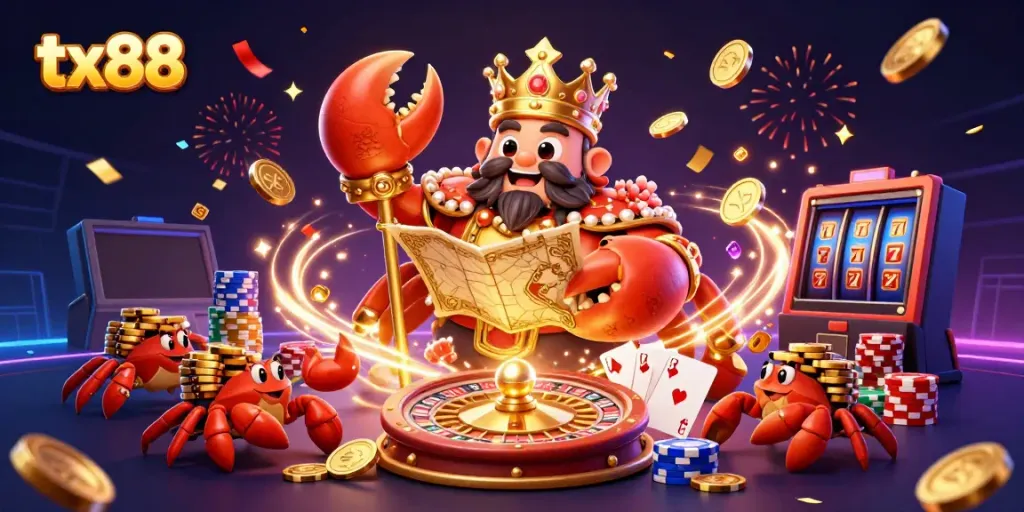 Experience thrilling gameplay at tx88 with a golden crab emperor and casino elements in an exciting digital scene.