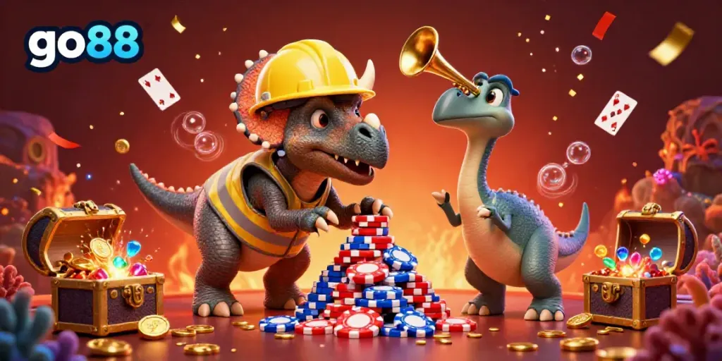 Experience the thrill of go88 as characters celebrate with poker chips and vibrant casino elements.