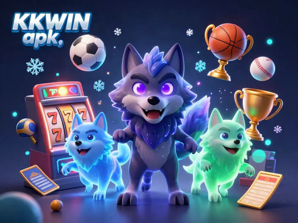 Win big with KKWIN apk in this vibrant 3D casino scene featuring a wolf leader and slot games.