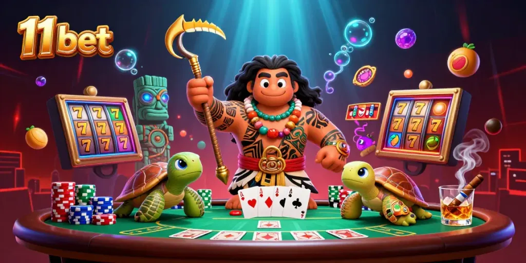 Experience thrilling casino action with 11 bet, showcased through vibrant characters and slot game elements.