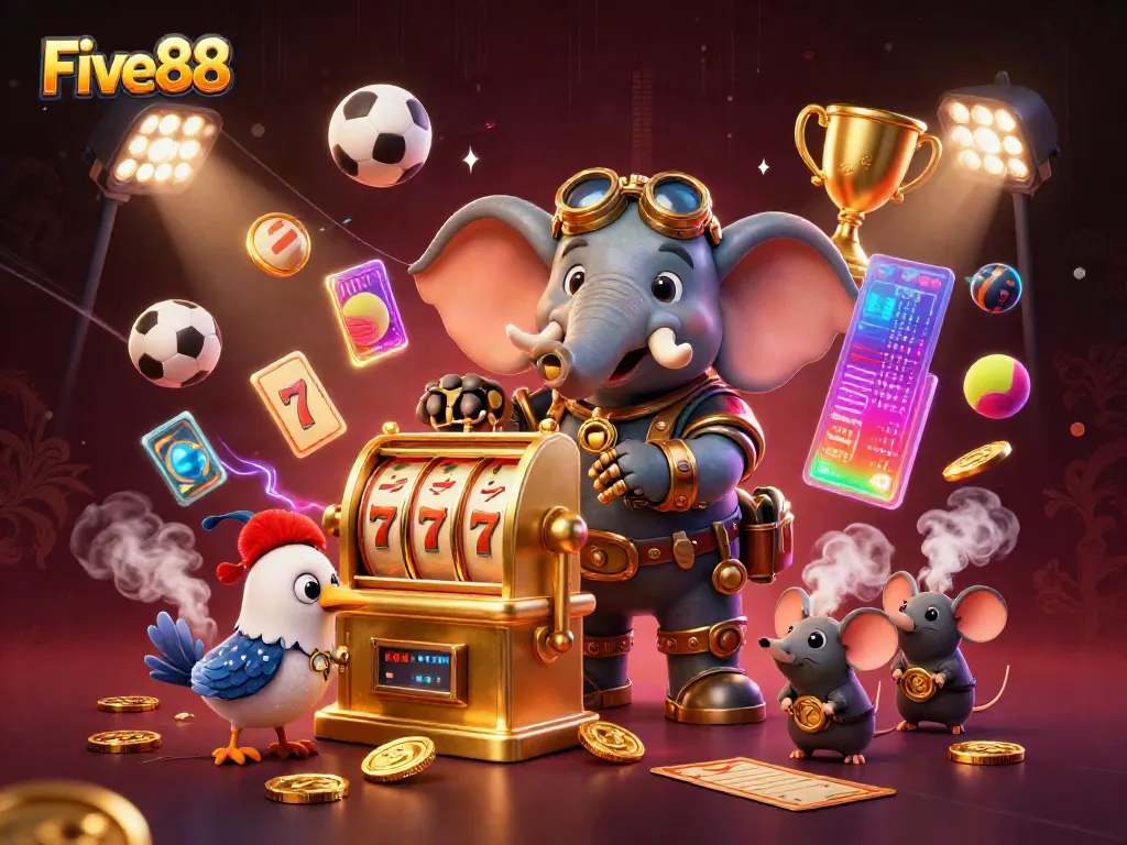 Engage with Five88 as a steampunk elephant operates a golden slot machine amidst flying sports balls and vibrant casino elements.