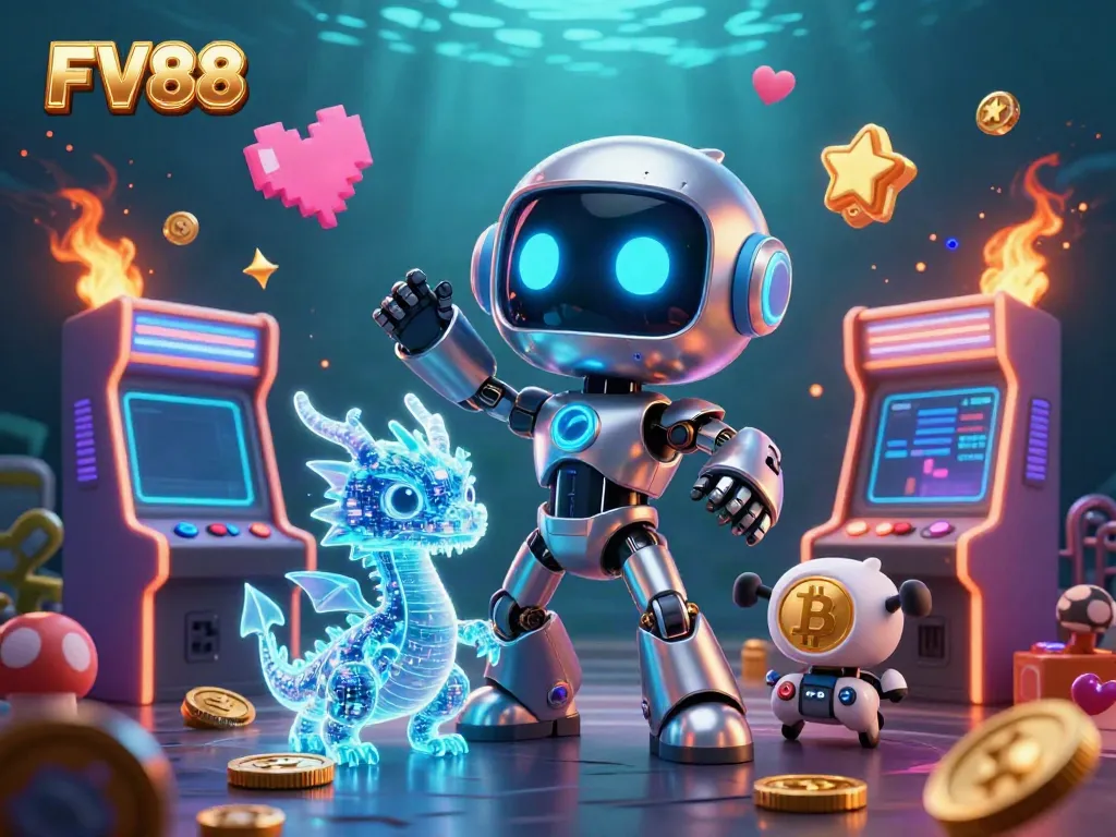 Experience gaming thrills with FV88 illustrated in a vibrant cyberpunk casino environment.