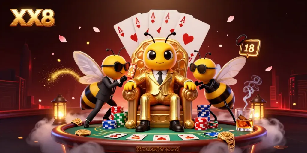 Experience the thrilling atmosphere of XX8 casino as the bumblebee mob boss oversees a high-stakes poker game.