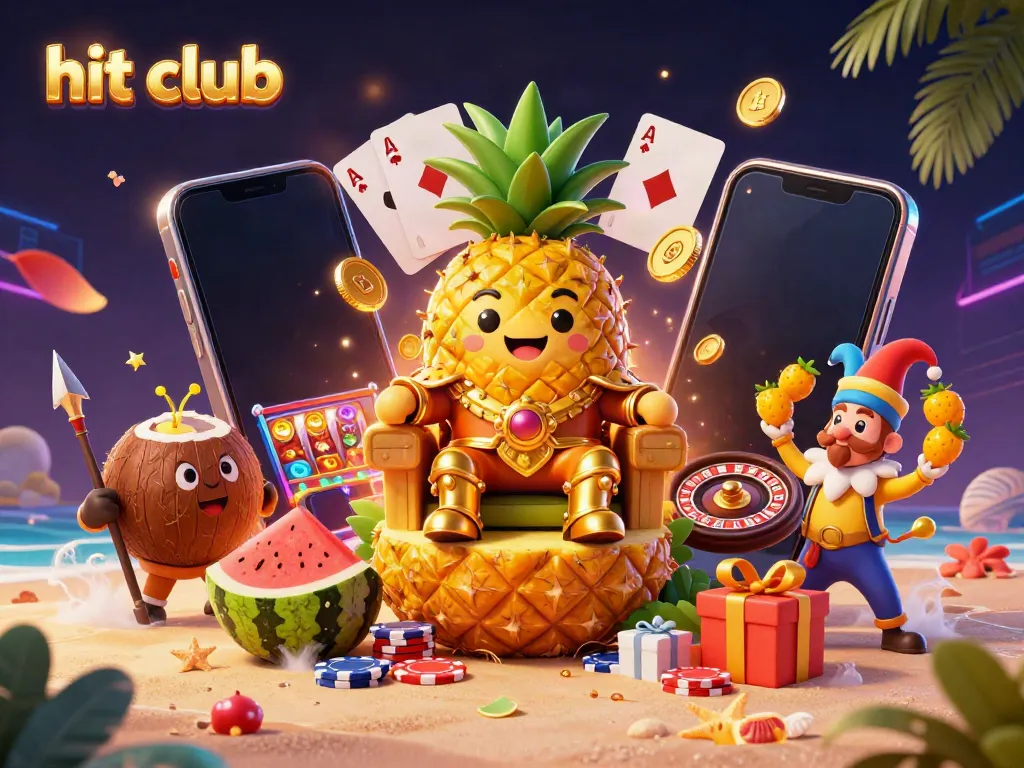 Experience online gaming excitement with hit club's vibrant scene featuring a golden pineapple king and thrilling casino elements.