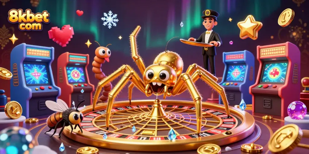 Engage with thrilling bets at 8xbet com in this vibrant 3D casino scene featuring unique characters.