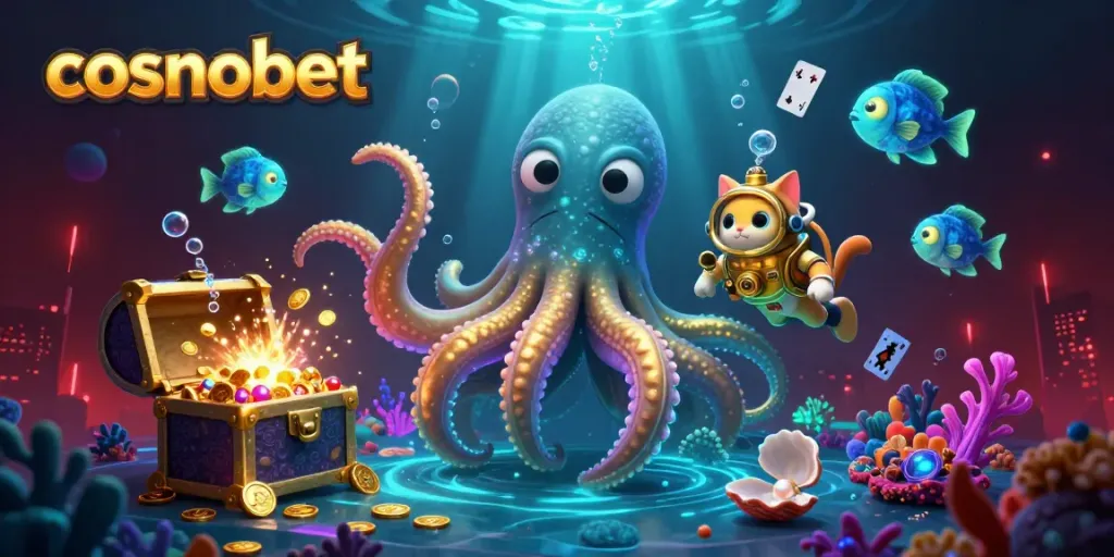 Experience the thrill of gambling with Cosmobet's vibrant underwater casino adventure, showcasing dynamic characters.