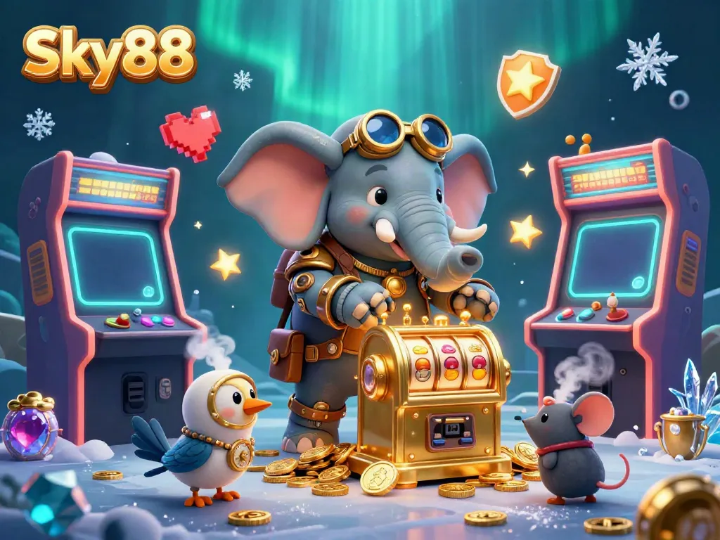 Engage with Sky88's dynamic 3D gaming scene featuring an elephant engineer operating a golden slot machine.