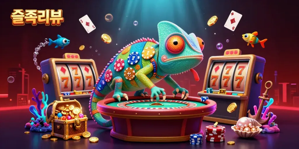 Engaging scene showcasing a chameleon casino owner amid vibrant slots, creating excitement for 리뷰슬롯 enthusiasts.