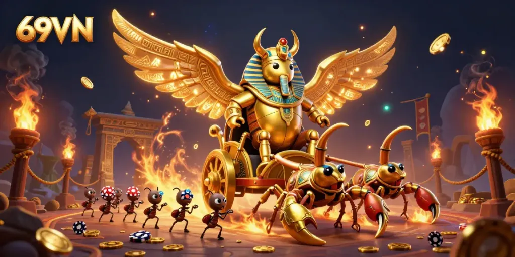 Experience thrilling wins at 69VN with a vibrant golden scarab beetle and scorpion chariot.