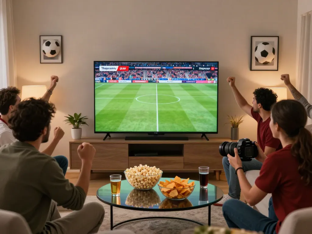 Friends enjoying a live Thapcamtv football match at home, cheering and celebrating together.