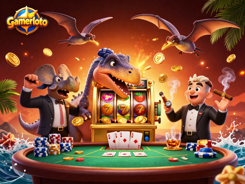 gamerloto features a 3D cartoon pachycephalosaurus headbutting a golden slot machine for a jackpot