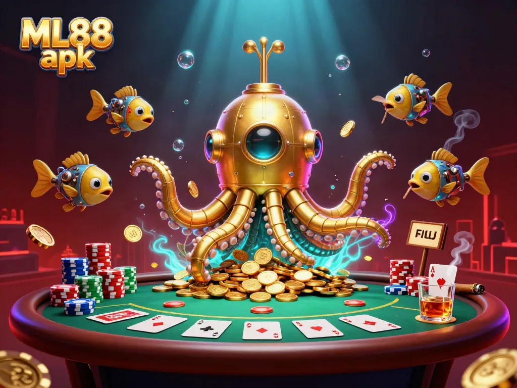 Win big with ML88 apk, featuring an exciting gaming scene with golden kraken and poker elements.