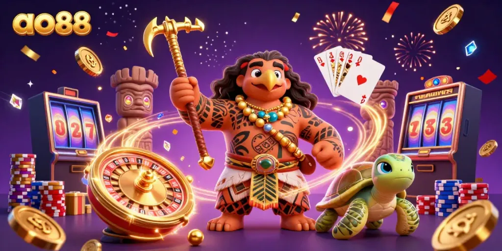 Experience thrilling gaming at ao88 with a vibrant 3D casino scene filled with animated characters and dynamic elements.