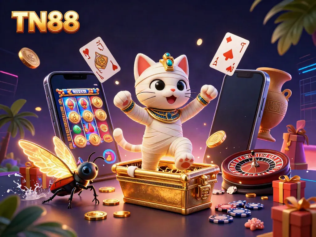 Experience thrilling casino fun with TN88, featuring an Egyptian mummy cat and a vibrant gaming scene.
