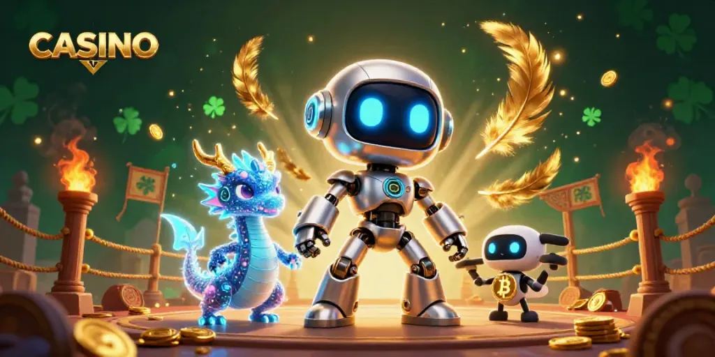 Engaging CASINO scene with a cartoon robot and dragon, surrounded by vibrant gaming elements.