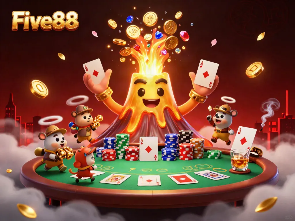 Cute Five88 volcano spilling coins and treasures while poker elements surround an exciting casino scene.