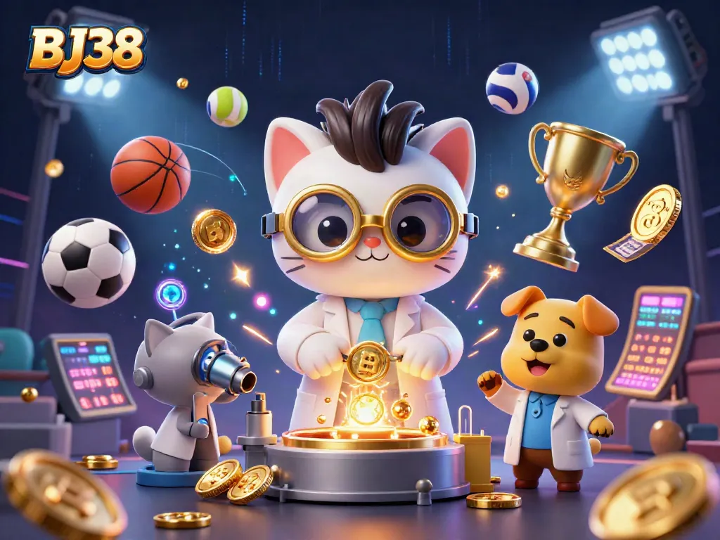BJ38 features a mad scientist cat and dog assistant in a lively casino lab creating golden betting opportunities amidst dynamic sports action.