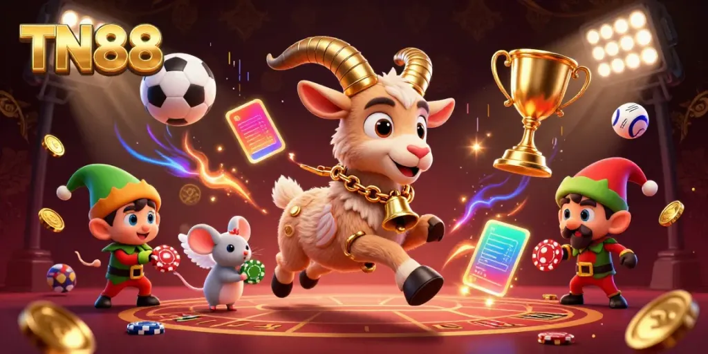 Experience the thrill of TN88 with a festive casino scene featuring Krampus, an angel mouse, and mischievous gremlins.