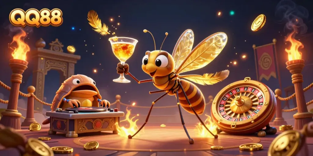 Experience the vibrant QQ88 casino world with a unique 3D illustration of mascot characters.