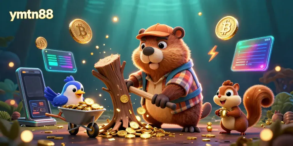 Join the excitement at ymtn88 as the cartoon beaver chops a money tree, surrounded by crypto elements!