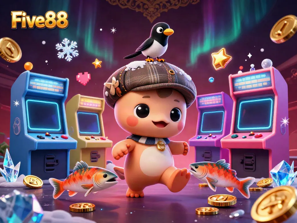 Experience the excitement of Five88 with a vibrant, cartoonish casino scene featuring playful characters and gaming elements.